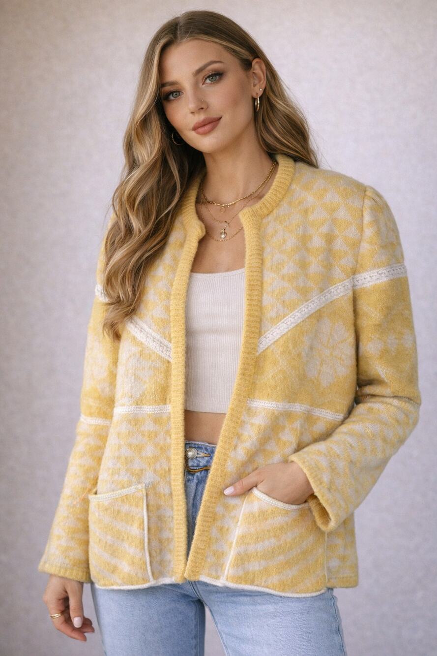 Escada Vintage Yellow Quilted Kid Mohair Cardigan Sweater Size 42